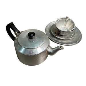English Mini Teapot, Bakelite + 50s Aluminum childs tea set - 7pc, Played With